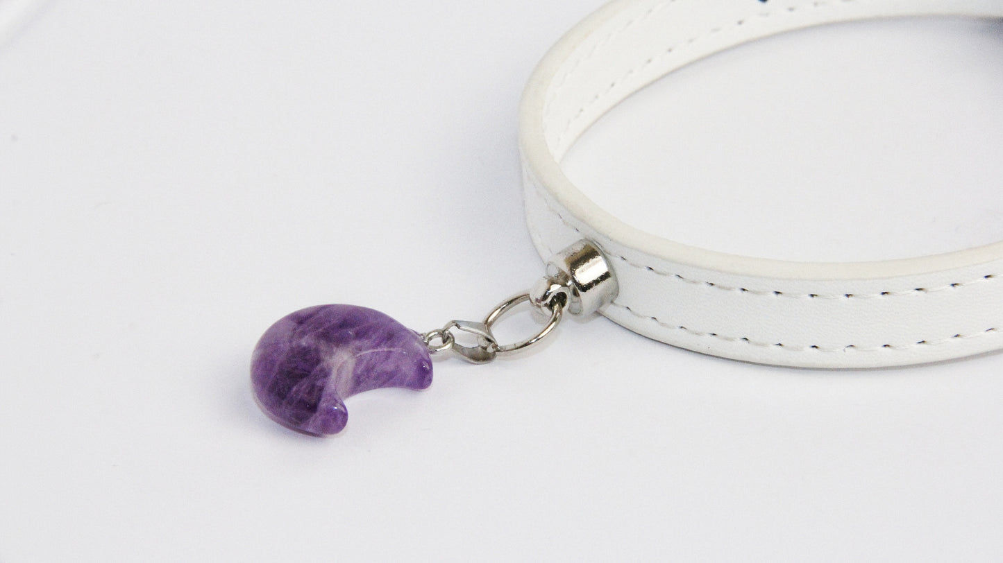 Personalized Gemstone Collar Charm for Dogs Pet Gift Moon Shape Amethyst Pendant Pet Collar