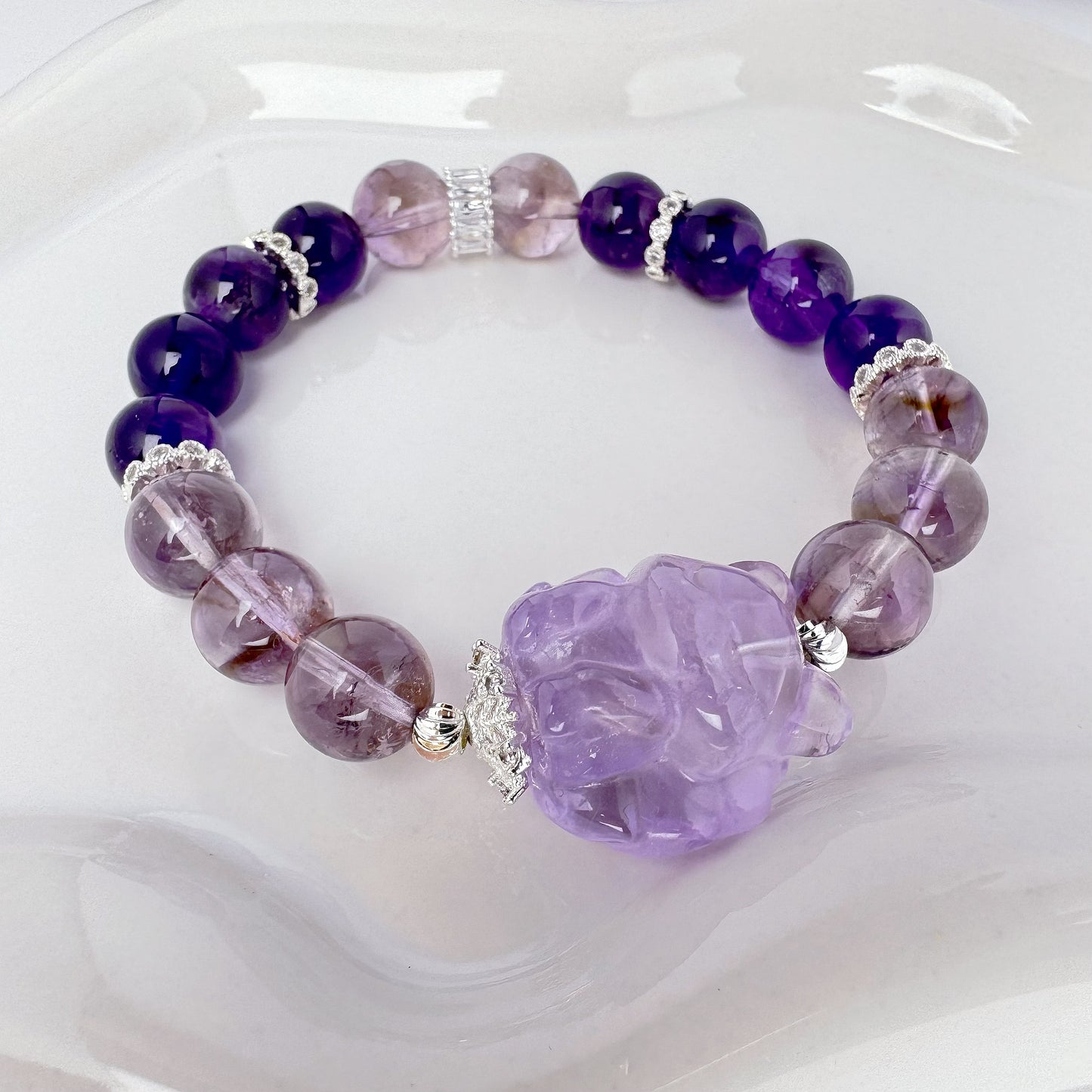 Amethyst Beaded Bracelet Fox 10mm Healing Aura Gift for her Gemstone