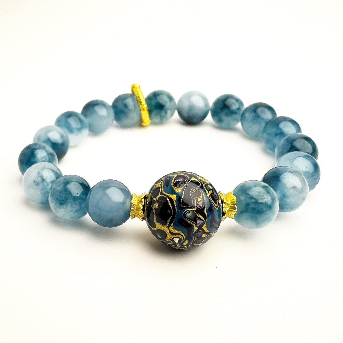 Blue Jade Bracelet with Chinese Lacquer Bead and Gold