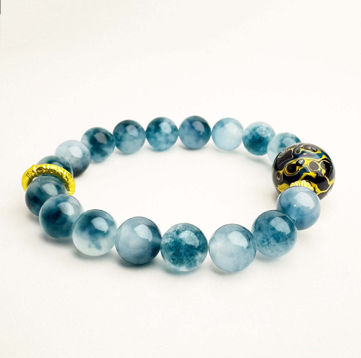 Blue Jade Bracelet with Chinese Lacquer Bead and Gold