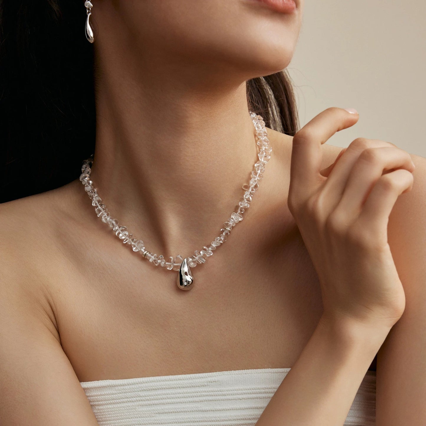 Raw White Crystal Chunky Water Drop Necklace