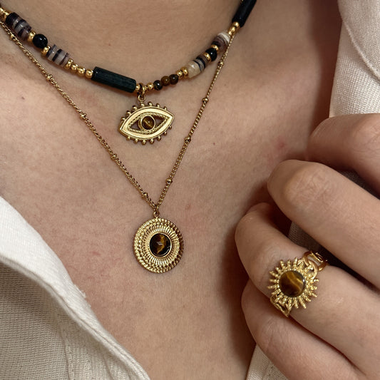 14K Tiger Eye Obsidian Layering Necklace