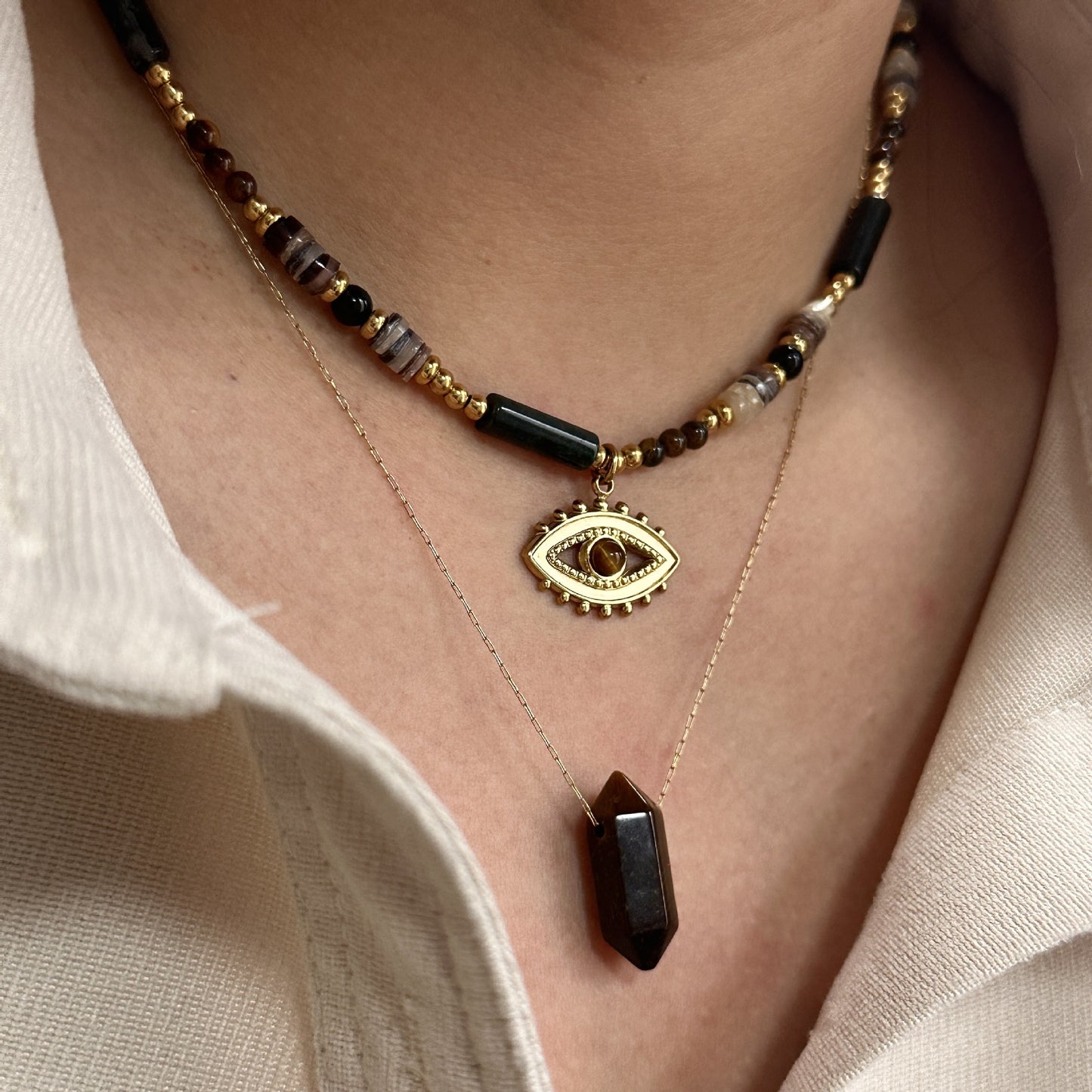 14K Tiger Eye Obsidian Layering Necklace