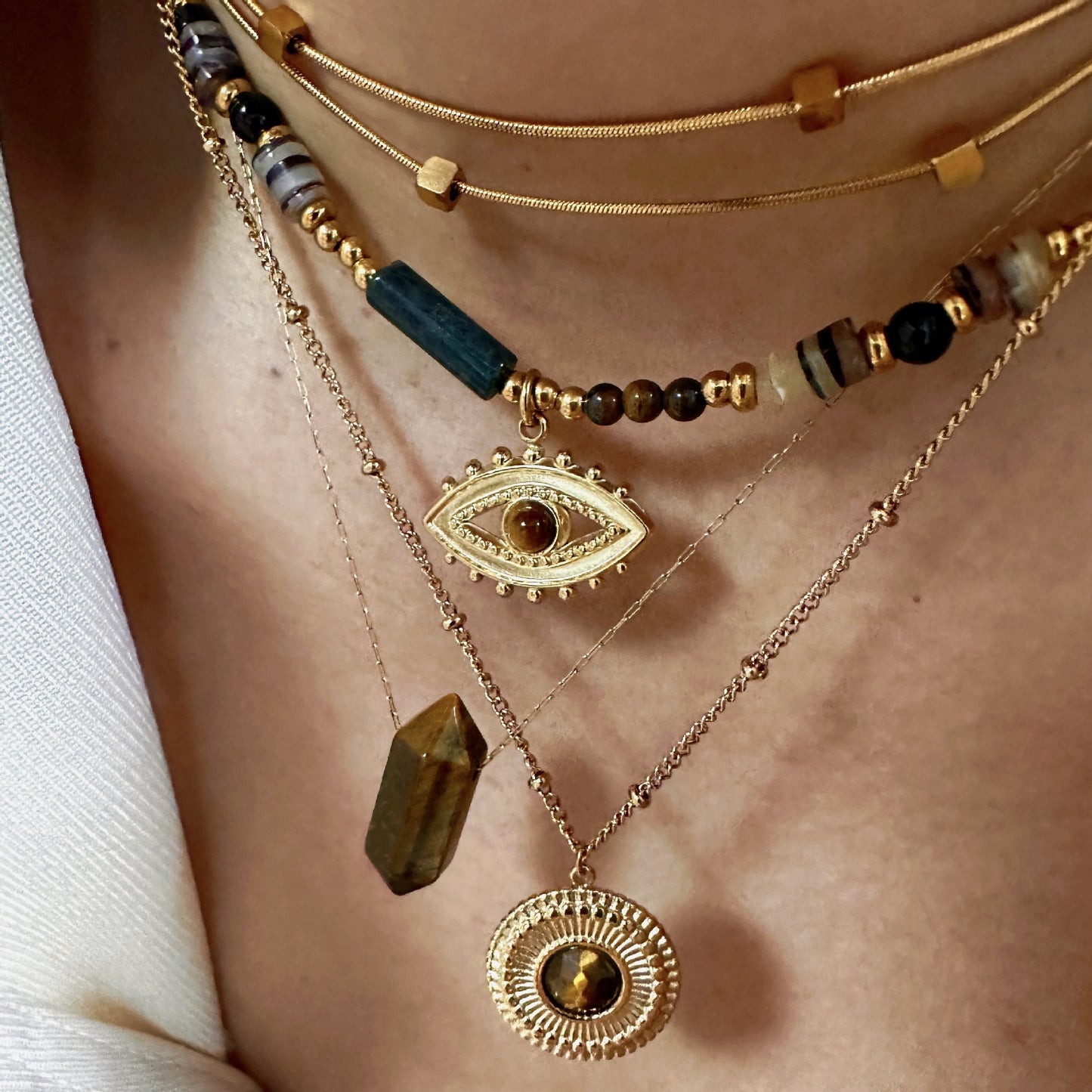 14K Tiger Eye Obsidian Layering Necklace