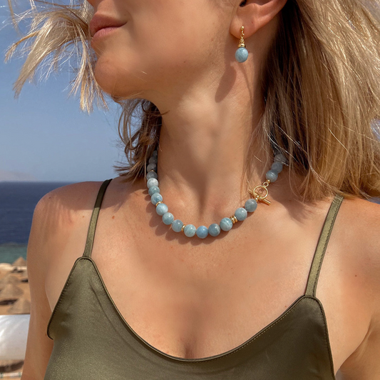 Blue Peruvian Opal Necklace 18K Anniversary Gift For Her Summer Necklace