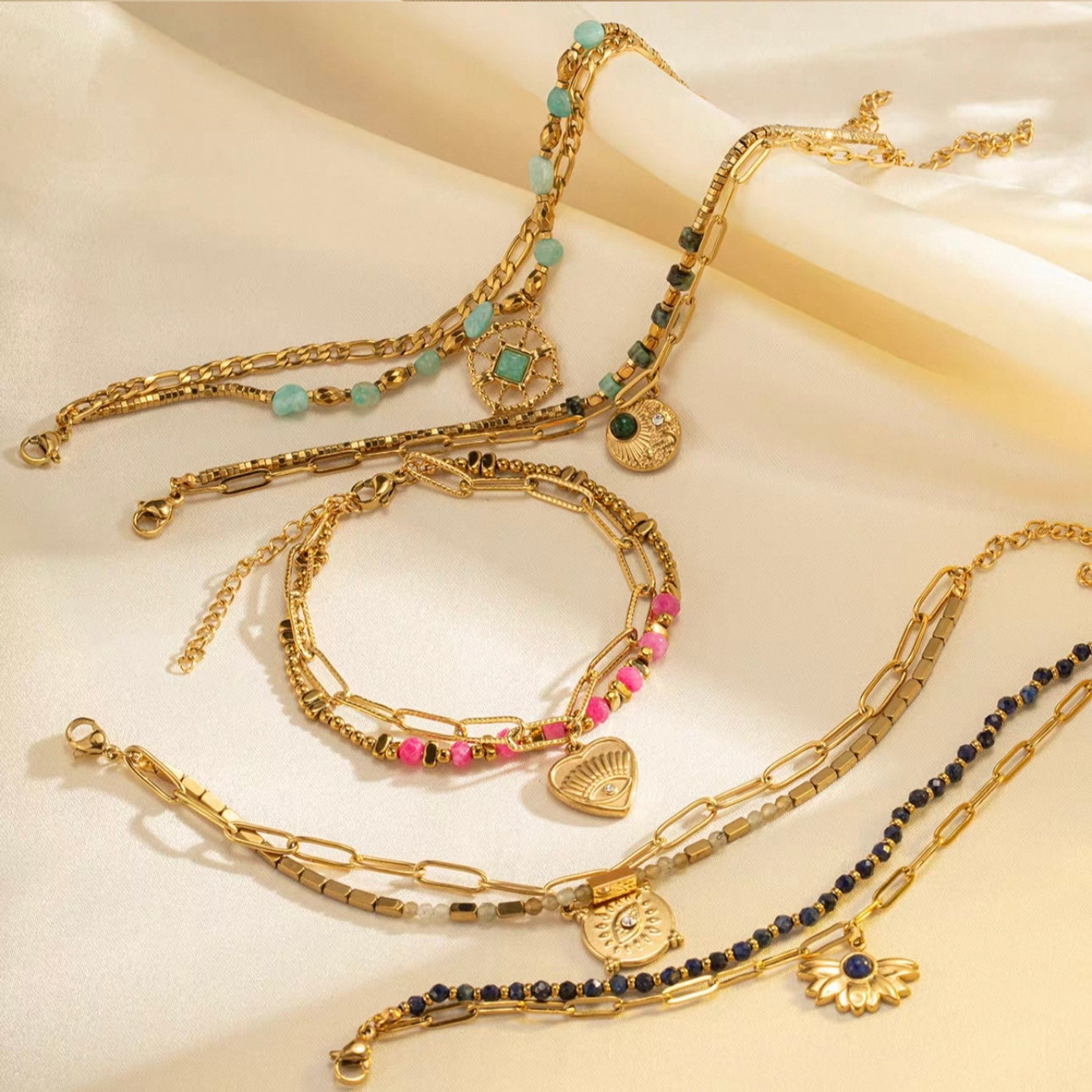 Bohemian Natural Stone Beaded Devil Eye Bracelet 14K