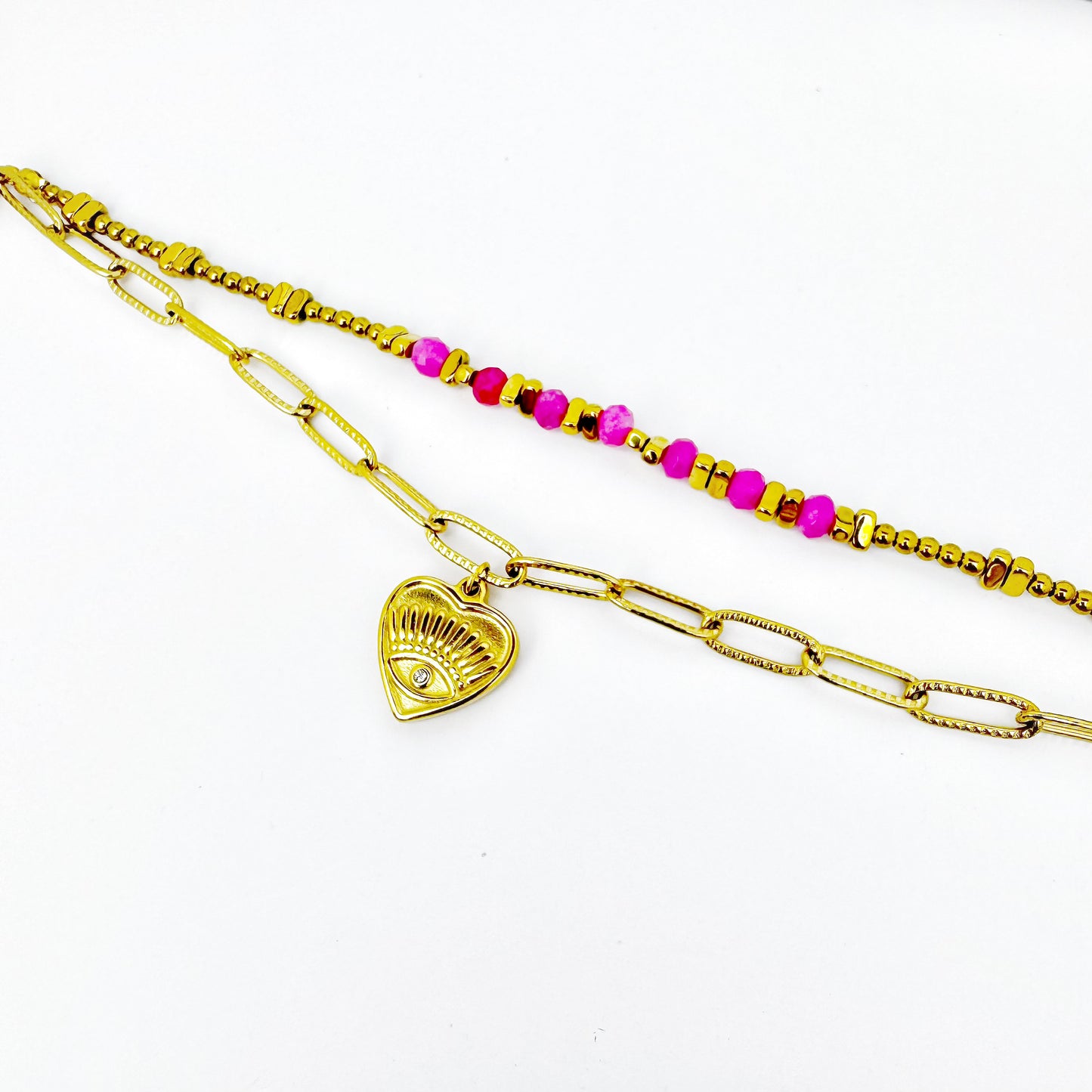 Bohemian Natural Stone Beaded Devil Eye Bracelet 14K