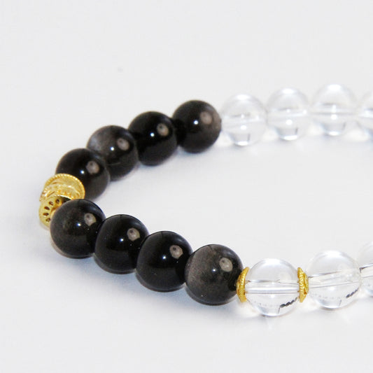 White Crystal Bracelet With Black Obsidian And Gold Beads