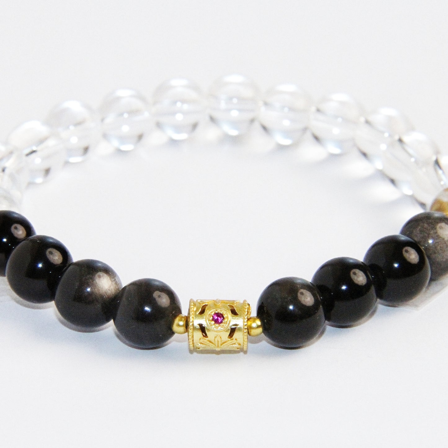 White Crystal Bracelet With Black Obsidian And Gold Beads