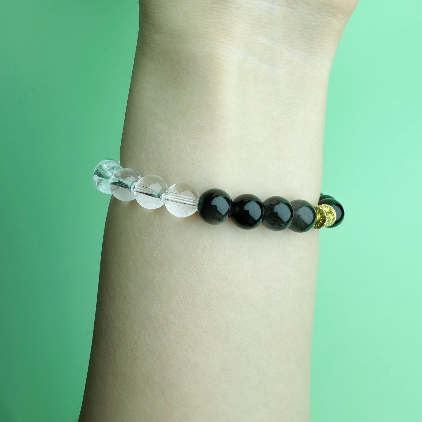 White Crystal Bracelet With Black Obsidian And Gold Beads