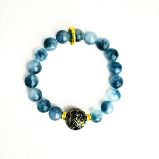 Blue Jade Bracelet with Chinese Lacquer Bead and Gold
