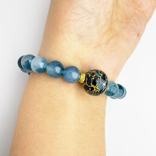 Blue Jade Bracelet with Chinese Lacquer Bead and Gold