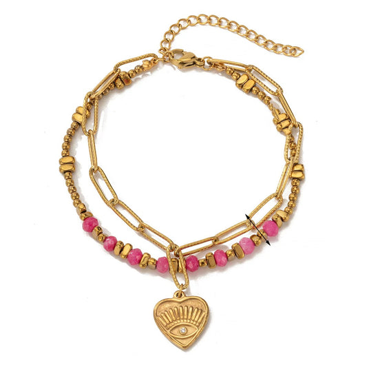 Bohemian Natural Stone Beaded Devil Eye Bracelet 14K