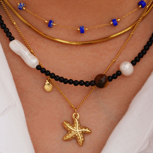 14K Bohemian Beaded Pearl Charms Layering Necklace Lapis Lazuli Sea Style gift for her