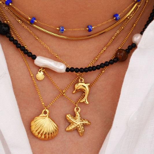 14K Bohemian Beaded Pearl Charms Layering Necklace Lapis Lazuli Sea Style gift for her