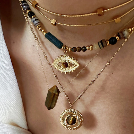 14K Tiger Eye Obsidian Layering Necklace