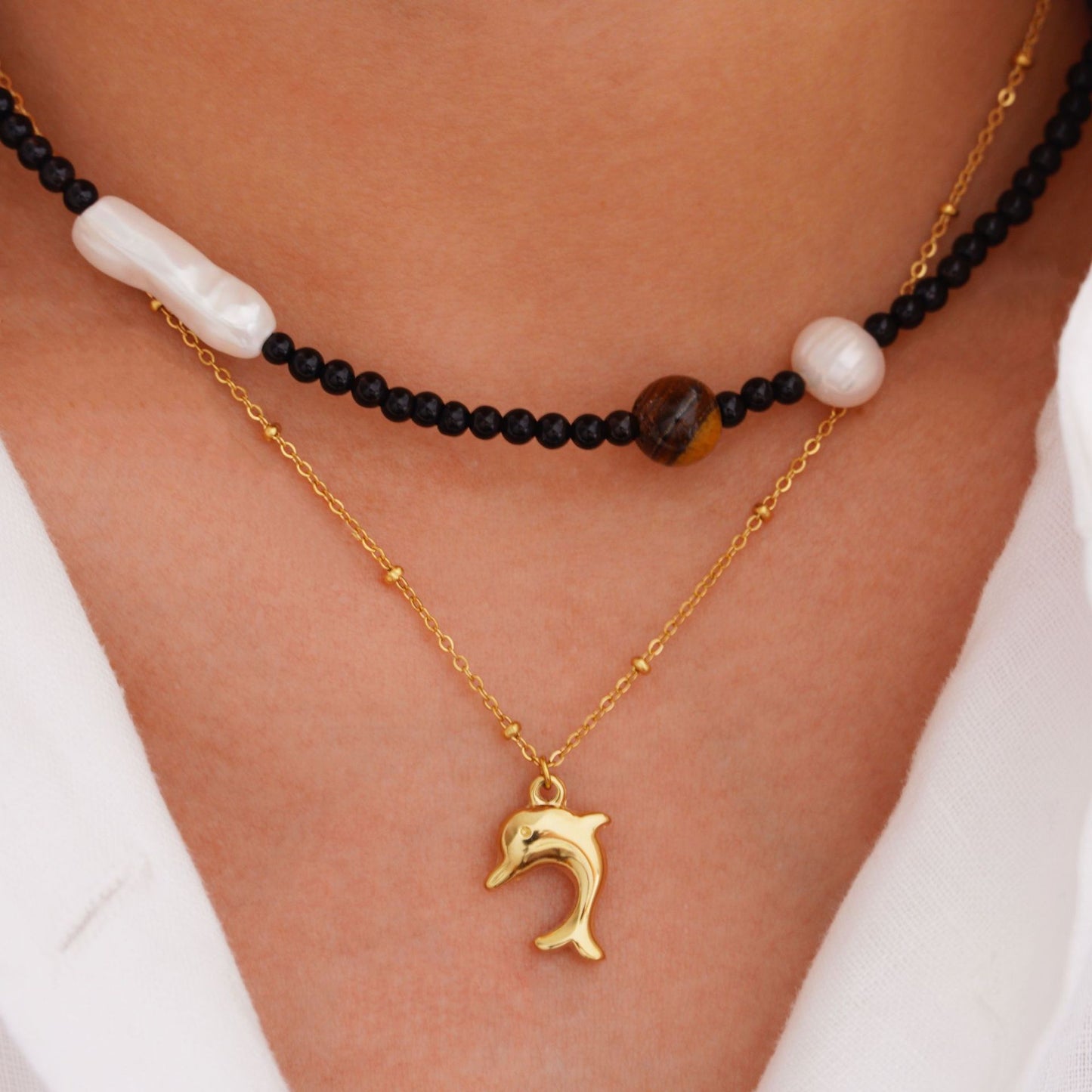 14K Bohemian Beaded Pearl Charms Layering Necklace Lapis Lazuli Sea Style gift for her