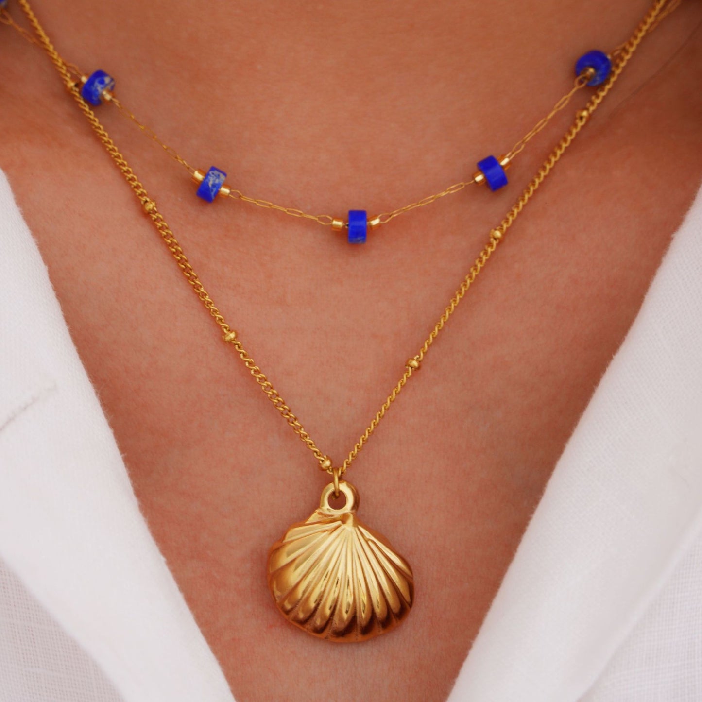 14K Bohemian Beaded Pearl Charms Layering Necklace Lapis Lazuli Sea Style gift for her